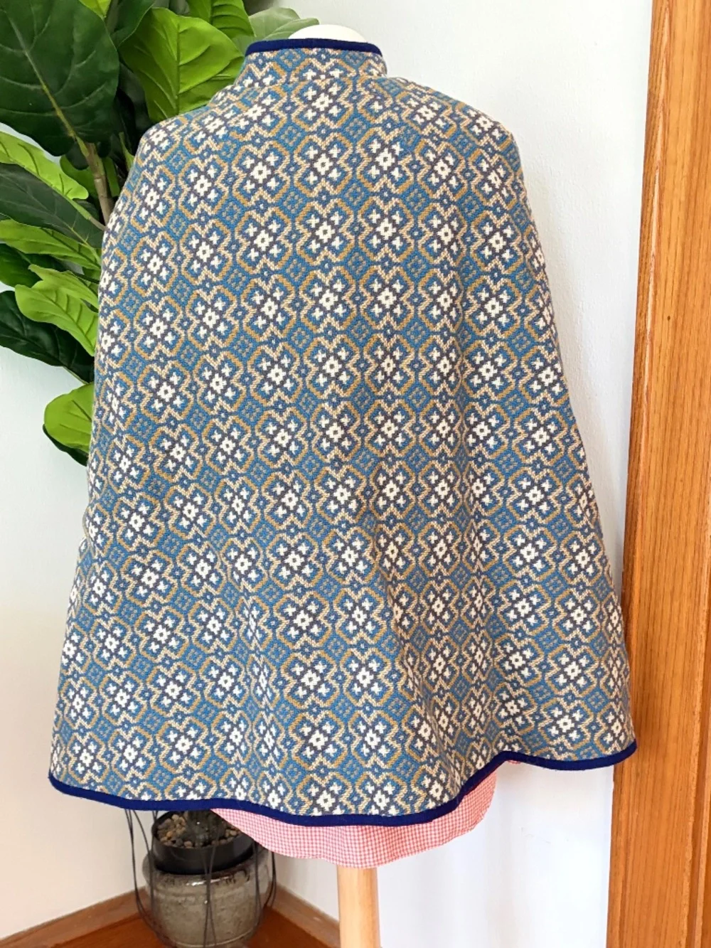 Vintage Welsh Wales Wool Tapestry Geometric Print Gold Blue White Asymmetric